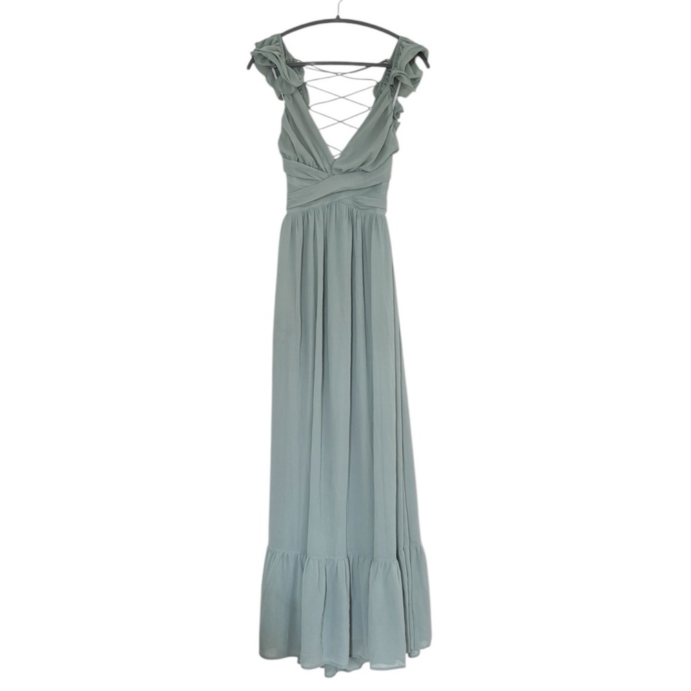 Lulus Soiree Celebration Light Blue Green Floral Ruffled Lace-Up Maxi prom Dress - Picture 6 of 12